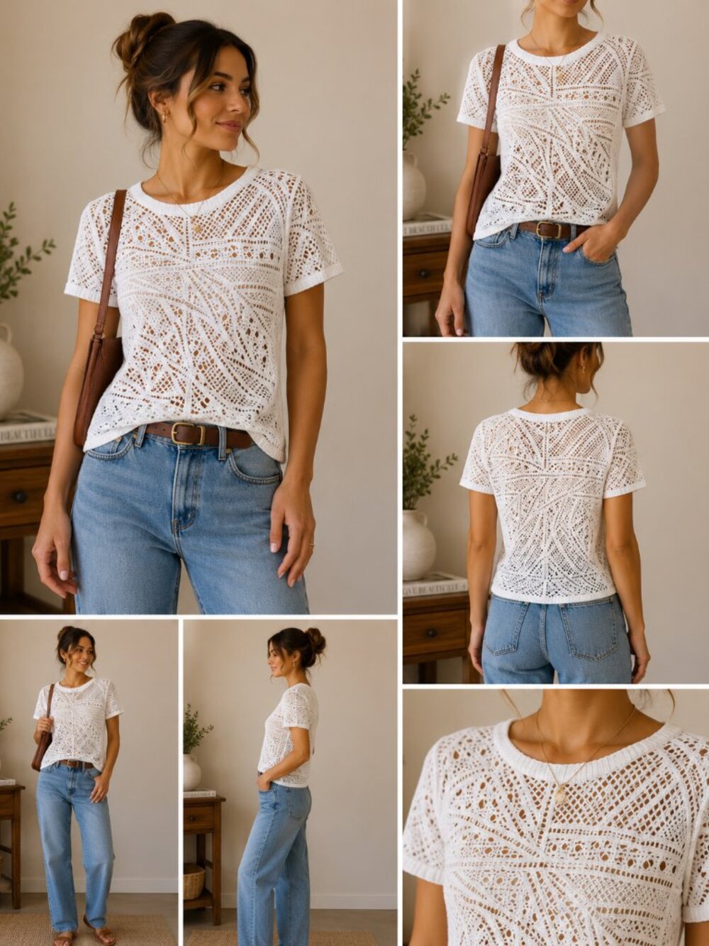 DKNY White Crochet Knit T Shirt Womens Small 100% Cotton Openwork